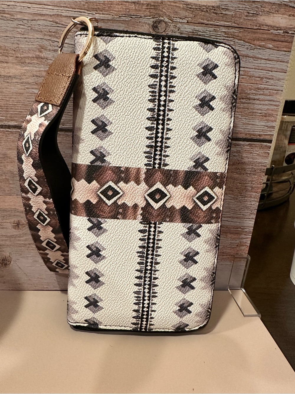 Wristlet Wallet in Cream and Brown Aztec Print